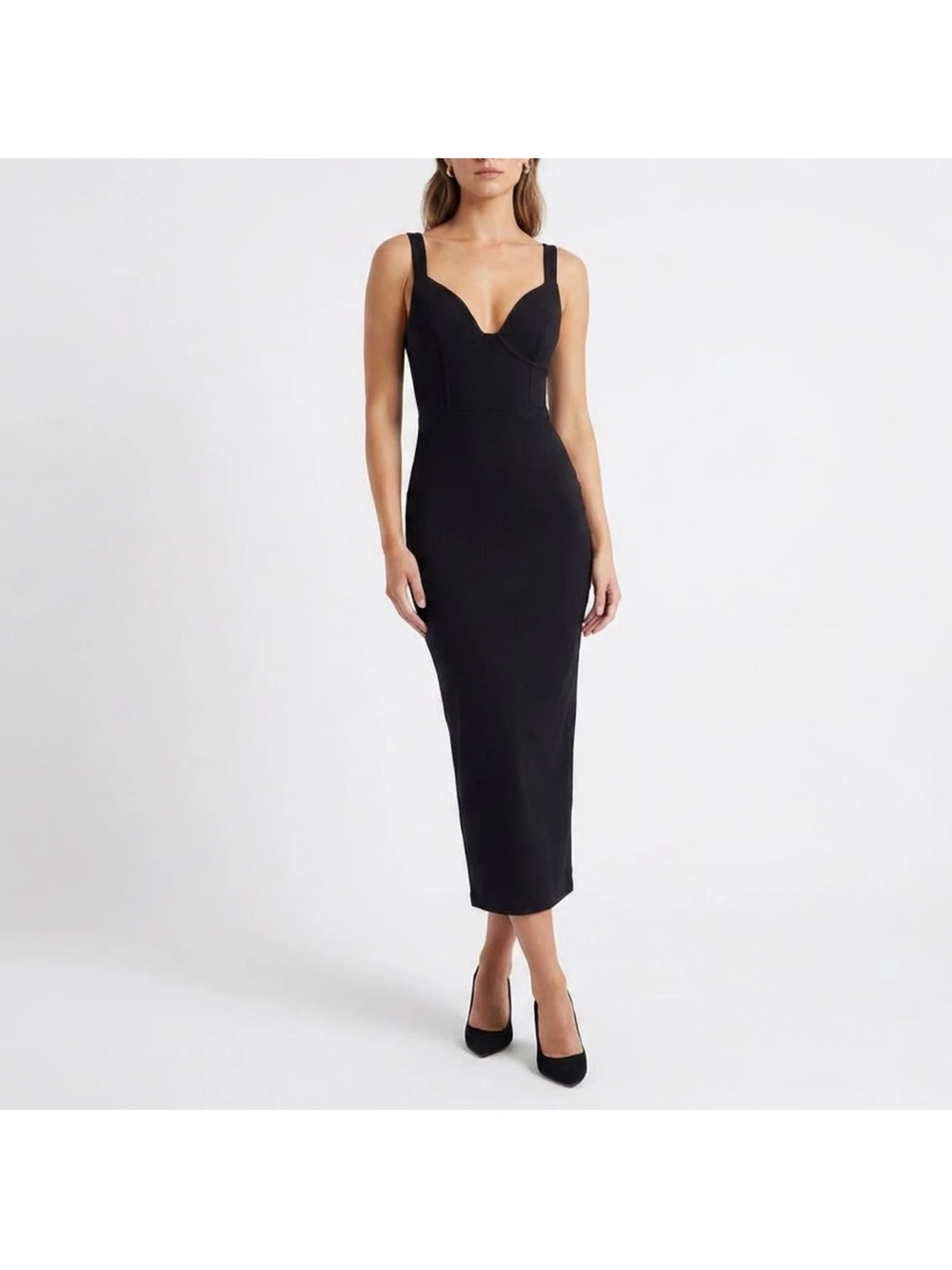 Naked Wardrobe Black Ribbed Corset Midi Dress Size L
